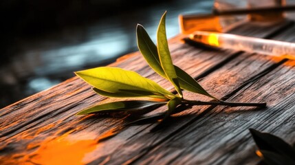 Wall Mural - Leaf with water on rustic wooden table in warm sunlight