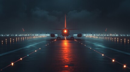 Leinwandbilder - Airplane navigates illuminated runway at night surrounded by bright navigation lights. Generative AI