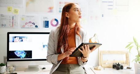Poster - Planning, thinking and tablet with business woman in office for reflection, company shares and profit margin. Future, finance growth and infographic with person in agency for statistics and vision