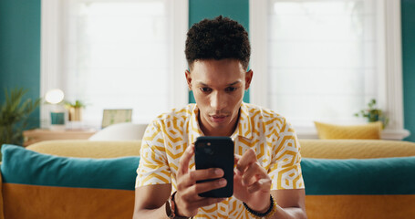 Fototapete - Man, student and nervous with phone at house of education results, university application and acceptance. Male person, scroll and mobile for registration portal, scholarship feedback and notification