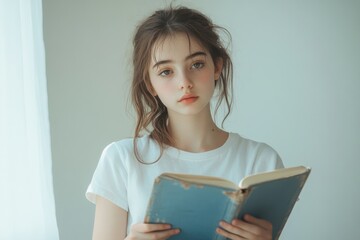 Wall Mural - A young woman with brown hair reads a book near a window, a soft and serene image.