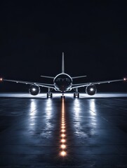 Fototapete - Airplane on illuminated runway at night surrounded by navigation lights ready for takeoff. Generative AI