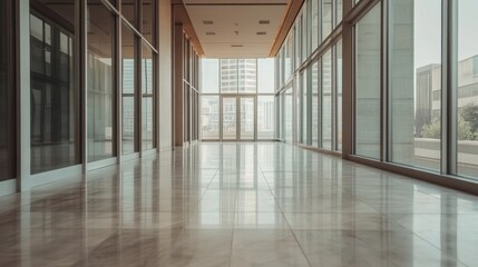 Wall Mural - Modern office hallway with large windows and marble floor.