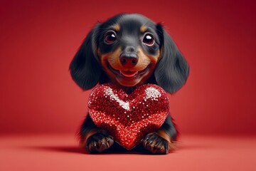 Wall Mural - Cute dachshund hound with sparkling rhinestones red heart - sign of love, funny greeting card. Promotion visual idea. Dachshund - my cherished dog. Pet-themed valentine's day. Animal love.