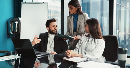 Poster - Collaboration, discussion and group with laptop, office and colleagues with stats for investment. Brainstorming, people and online for accounting in boardroom, business meeting and teamwork with data