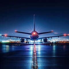 Fototapete - Airplane preparing for takeoff on illuminated runway at night surrounded by vibrant navigation lights. Generative AI