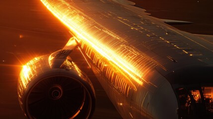 Fototapete - Airplane wing illuminated by sunset casts warm glow over engine during flight. Generative AI