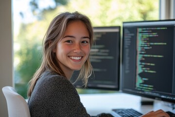 A smiling young woman sits at her desk, working on code displayed on dual monitors.