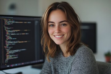A smiling female programmer sits before a computer screen displaying lines of code.