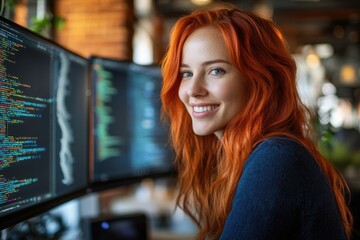 smiling redhead woman programmer sits before two computer screens displaying lines of code.