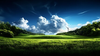 Serene Green Meadow Landscape with Wind Turbine under a Dramatic Sky