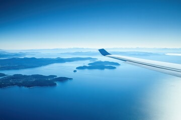 Poster - Airplane glides over stunning blue ocean with small islands scattered below during clear weather. Generative AI