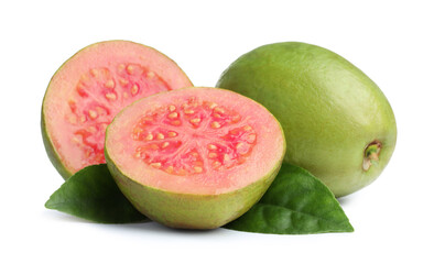 Wall Mural - Fresh whole and cut guava fruits with leaves isolated on white