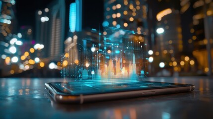 Futuristic digital technology and data visualization concepts with abstract glowing holographic interfaces on dark background