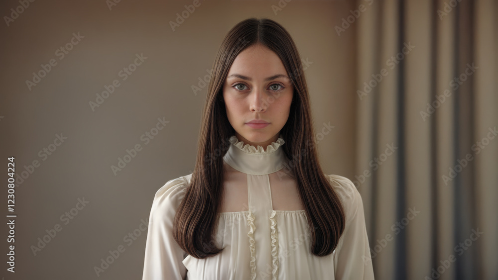 Studio portrait of a beautiful model with long brown hair flowing past ...