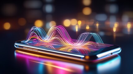 Sticker - Abstract Colorful Wave Pattern on Digital Smartphone Screen with Futuristic Neon Glow and Glowing Fluid Motion