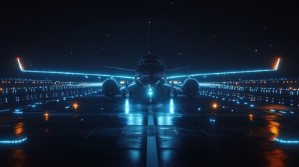 Fototapete - Airplane parked on illuminated runway surrounded by vibrant navigation lights at night. Generative AI