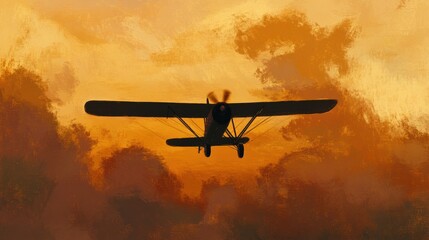 Poster - Airplane silhouette soaring against a golden sunset over the horizon during twilight hours. Generative AI