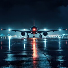 Fototapete - Airplane on illuminated runway at night with navigation lights reflecting on wet surface. Generative AI