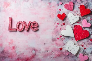 Wall Mural - A pastel pink background with heart-decorated red and white envelopes conveys the romantic spirit of Valentine's Day.