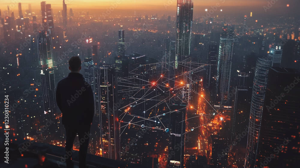 Smart digital Innovation city with connection network reciprocity over the cityscape. of future smart wireless digital city and social media networking systems that connects people with in city