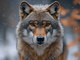 Wall Mural - close-up portrait of a wolf with falling snow in the forest, creating a winter scene
