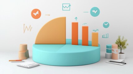 Canvas Print - Colorful 3D Pie Chart and Bar Graph Infographic for Business Data Analysis and Financial Reporting