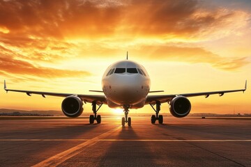 Aufkleber - Stunning airplane silhouette captured against a radiant golden sunset in the evening sky. Generative AI