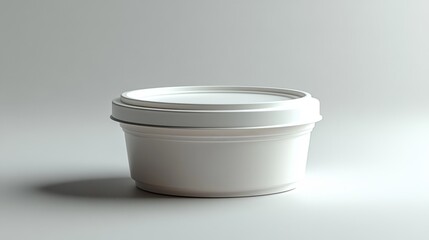 A detailed 3D round food container mockup, showcasing the lid and container shape, with soft ambient lighting creating subtle shadows