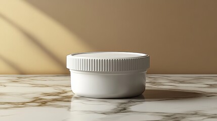 A detailed 3D round food container mockup, showcasing the lid and container shape, with soft ambient lighting creating subtle shadows