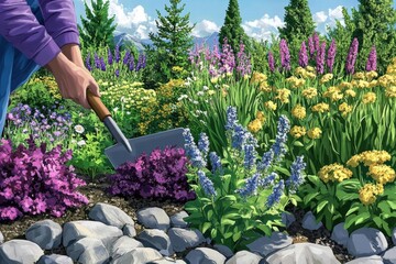 Gardener Tending to a Lush Garden with Shovel and Rocks