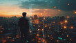  Abstract business man stands on Smart digital Innovation city with connection network reciprocity over the twilight cityscape. of future wireless digital city and social media networking systems