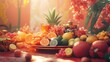 © Vader Stocker - Sunlit Still Life of Colorful Fruits and Flowers on Red Table
