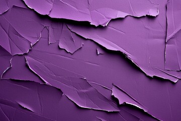 Wall Mural - Close-up view of a vibrant purple surface revealing a crumpled and torn paper texture, creating an abstract backdrop with layers of torn edges and shadows