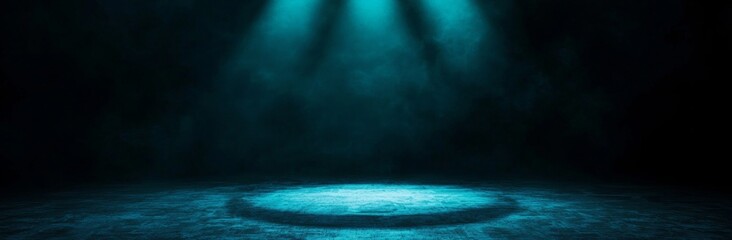 Wall Mural - two spotlights illuminate an empty stage filled with smoke, creating a dramatic and mysterious atmos