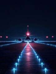 Fototapete - Airplane preparing for takeoff on a brightly illuminated runway at night with navigation lights. Generative AI