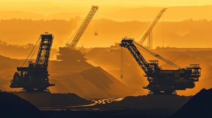 Wall Mural - Heavy machinery operates in a vast mining landscape during a stunning sunset, showcasing industry