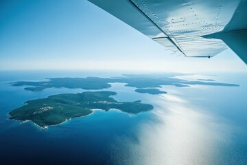 Aufkleber - Airplane glides over serene blue ocean with small islands visible under a clear sky. Generative AI