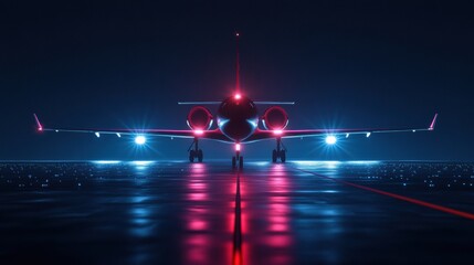 Fototapete - Illuminated airplane on runway at night with vibrant navigation lights and reflective surface. Generative AI