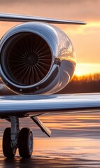 Fototapete - Sunset reflection on an airplane wing with a view of a beautiful horizon. Generative AI