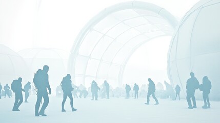 Wall Mural - Silhouetted figures navigating a misty, futuristic environment with large white structures