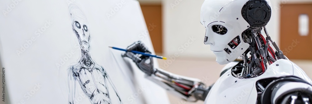 robot artist drawing on blank canvas for ai art and artificial ...
