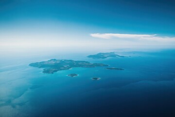 Fototapete - Airplane glides over the vast blue ocean revealing small islands beneath a clear sky. Generative AI