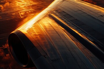 Poster - Airplane wing reflecting golden sunset skies over a vast landscape. Generative AI