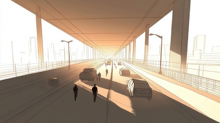 Wall Mural - Urban scene depicting people walking and cars driving under a sunlit overpass with city skyline