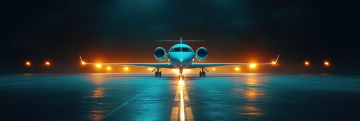 Aufkleber - Illuminated airplane on runway at night with bright navigation lights surrounding it. Generative AI