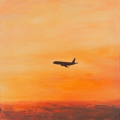 Poster - Airplane silhouette soaring across a golden sunset over a serene horizon. Generative AI