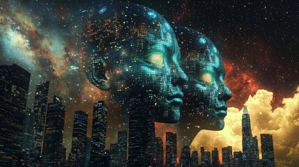 Naklejka na meble Dynamic portrait of a cybernetic skyline, skyscrapers morphing into whimsical cyborg faces, with deep space as the background, in a surreal wallpaper aesthetic, UHD clarity