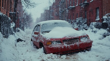 Fototapete - A snowstorm-ravaged street with a red car engulfed in snow