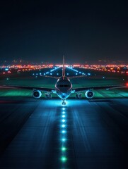 Fototapete - Airplane illuminated on runway at night surrounded by vibrant navigation lights in a busy airport. Generative AI